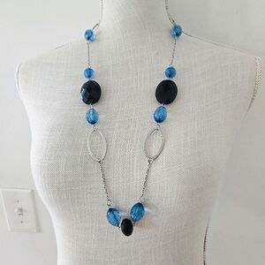 Vintage Back and Blue Long Silver Necklace